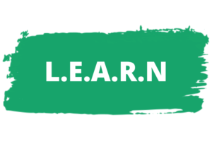 L.E.A.R.N acronym in white on top of green paint swipe graphic