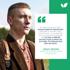 Image of Scede team member with LBGTQIA ally quote